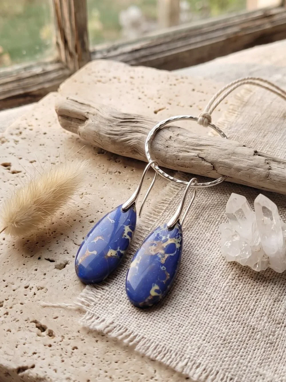 Silver Plated Blue Imperial Jasper Gold Matrix Boho Witchy Drop Earrings 2in